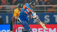 | Photo: PTI/Shiva Sharma : India's Tilak Varma plays a shot during the second T20 International cricket match of a series between India and South Africa, at Maharaja Yadavindra Singh International Cricket Stadium, in New Chandigarh.