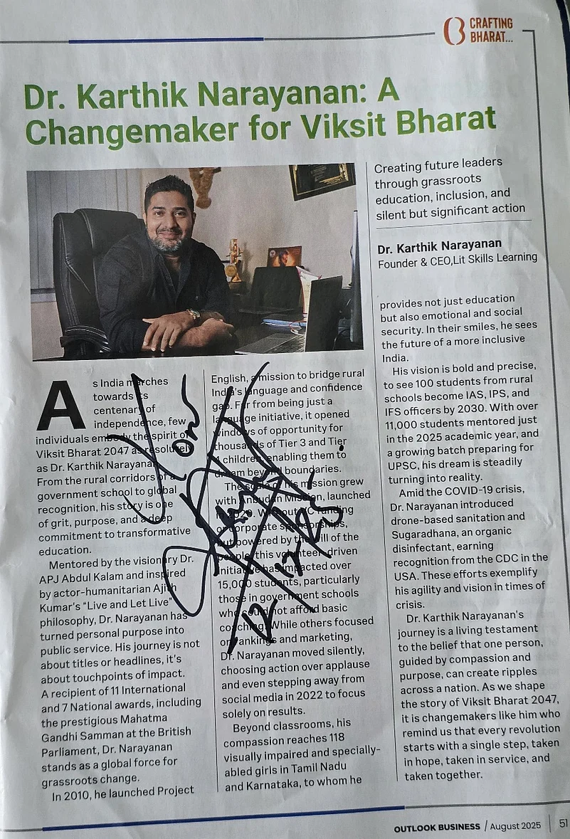 Autographed photo and article of Dr. Karthik Narayanan