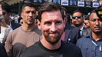 PTI : Argentine footballer Lionel Messi during an event as part of his 'G.O.A.T. India Tour 2025', at Vivekananda Yuba Bharati Krirangan in Kolkata. Uruguayan footballer Luis Suarez is also seen. 
