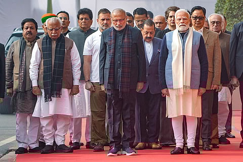 Vice President CP Radhakrishnan with Prime Minister Narendra Modi, LoP in the Lok Sabha Rahul Gandhi, Union Ministers Manohar Lal, Kiren Rijiju, Piyush Goyal, MoS Jitendra Singh, Congress MPs Priyanka Gandhi Vadra and Rajeev Shukla and others during a ceremony to pay tribute to the martyrs of the 2001 Parliament attack, marking its 24th anniversary, at Samvidhan Sadan, in New Delhi.