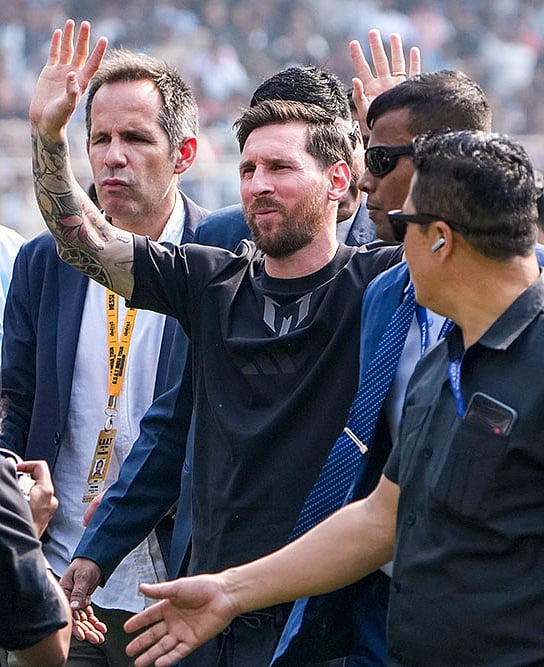 Photo: PTI/Swapan Mahapatra : Argentine footballer Lionel Messi during an event as part of his 'G.O.A.T. India Tour 2025', at Vivekananda Yuba Bharati Krirangan (VYBK), in Kolkata.