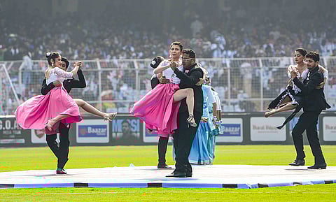 Artistes perform during an event as part of Argentine footballer Lionel Messi's 'G.O.A.T. India Tour 2025', at Vivekananda Yuba Bharati Krirangan (VYBK), in Kolkata.