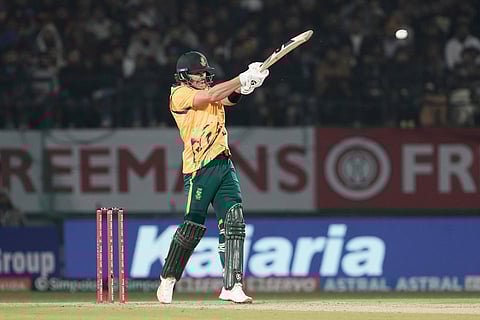 South Africa's Tristan Stubbs plays a shot during the third T20 cricket match between India and South Africa in Dharamshala.