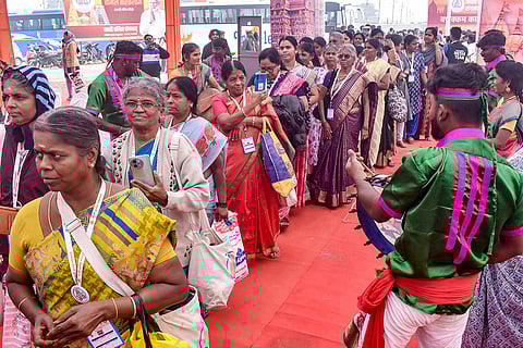 Delegates of 'Kashi Tamil Sangamam 4.0' arrive at the Sangam during their eight-day tour, in Prayagraj.