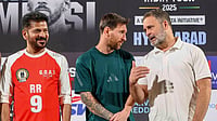 | Photo: AICC via PTI : Leader of Opposition in the Lok Sabha Rahul Gandhi, Telangana Chief Minister Revanth Reddy with Argentine footballer and 2022 FIFA World Cup winning captain Lionel Messi during an event as part of the 'GOAT India Tour 2025', in Hyderabad. 