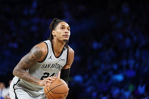 San Antonio Spurs guard Devin Vassell (24) prepares to shoot a free-throw in the second half of an NBA Cup semifinals basketball game against the Oklahoma City Thunder in Las Vegas. 