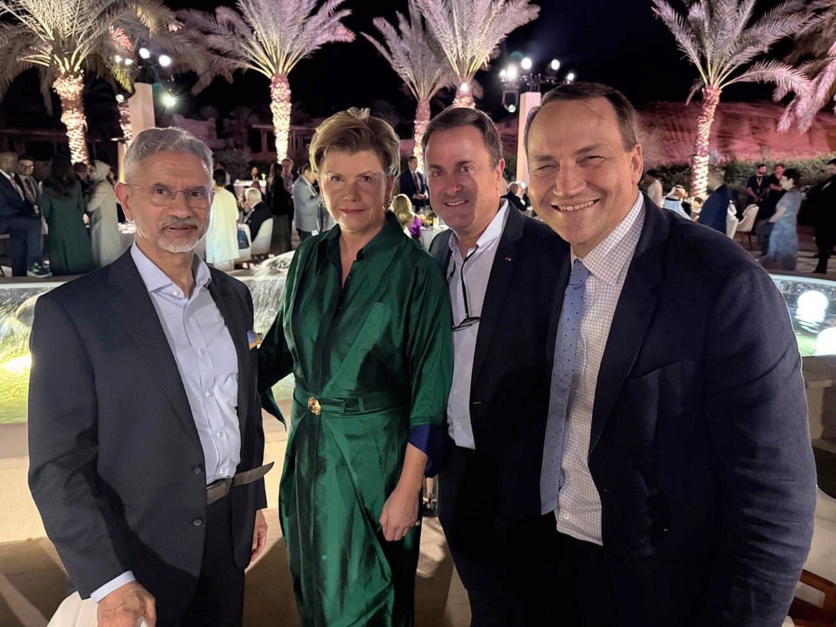 In this image posted on Dec. 14, 2025, from left, External Affairs Minister S. Jaishankar with Latvia's Foreign Affairs Minister Baiba Braze, Luxembourg's Deputy Prime Minister and Foreign Affairs Minister Xavier Bettel and Poland's Deputy Prime Minister and Foreign Affairs Minister Radoslaw Sikorski on the sidelines of Sir Bani Yas Forum 2025, in Abu Dhabi, UAE.  - @DrSJaishankar/X via PTI Photo