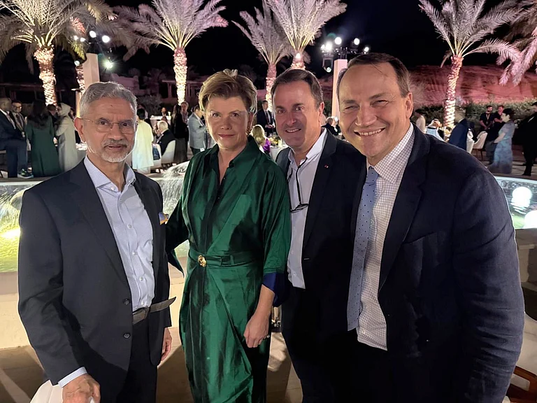 In this image posted on Dec. 14, 2025, from left, External Affairs Minister S. Jaishankar with Latvia's Foreign Affairs Minister Baiba Braze, Luxembourg's Deputy Prime Minister and Foreign Affairs Minister Xavier Bettel and Poland's Deputy Prime Minister and Foreign Affairs Minister Radoslaw Sikorski on the sidelines of Sir Bani Yas Forum 2025, in Abu Dhabi, UAE. - @DrSJaishankar/X via PTI Photo