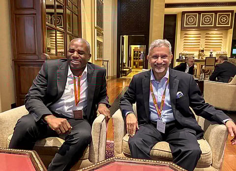 In this image posted on Dec. 13, 2025, Union External Affairs Minister S Jaishankar during a meeting with the Deputy Prime Minister of the United Kingdom David Lammy, on the sidelines of Sir Bani Yas Forum 2025, in Abu Dhabi, United Arab Emirates.