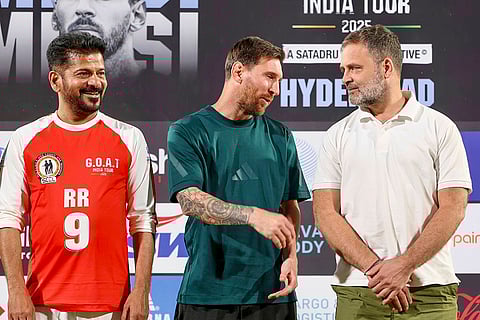 Leader of Opposition in the Lok Sabha Rahul Gandhi, Telangana Chief Minister Revanth Reddy with Argentine footballer and 2022 FIFA World Cup winning captain Lionel Messi during an event as part of the 'GOAT India Tour 2025', in Hyderabad. 