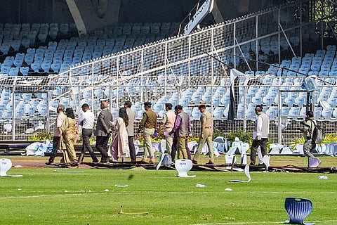 Retired Calcutta High Court judge Justice Ashim Kumar Ray during his visit to the Salt Lake stadium, a day after chaos erupted during Argentine football icon Lionel Messi’s event, in Kolkata.