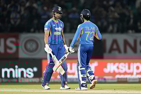 India's Shivam Dube, left, and Tilak Varma greets each other after India won the match during the third T20 cricket match between India and South Africa in Dharamshala.