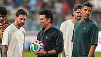 PTI : Former cricketer Sachin Tendulkar with Argentine footballer Lionel Messi and his Inter Miami teammates Rodrigo De Paul and Luis Suarez during an event as part of the 'GOAT India Tour 2025', at the Wankhede Stadium.