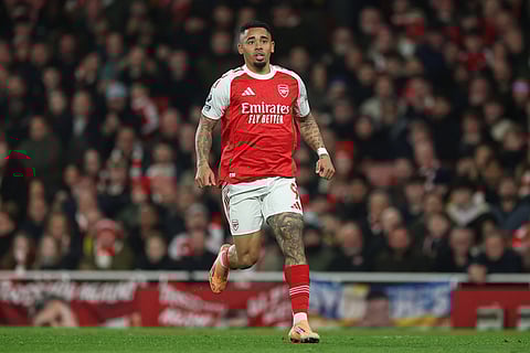Arsenal's Gabriel Jesus runs during the English Premier League soccer match between Arsenal and Wolves in London.