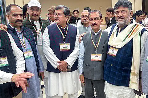 Himachal Pradesh Chief Minister Sukhvinder Singh Sukhu, 2nd right, Karnataka Deputy Chief Minister D.K. Shivakumar, right, Congress leader Mukul Wasnik, centre, and others at party headquarters before party's 'Vote Chor Gaddi Chhod' rally, in New Delhi. 
