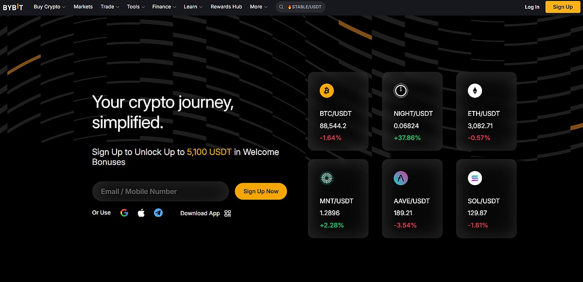 Bybit homepage displaying current cryptocurrency prices