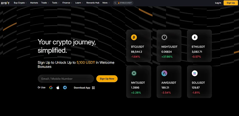 Bybit homepage displaying current cryptocurrency prices