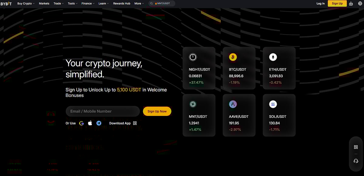 Bybit homepage displaying current cryptocurrency prices