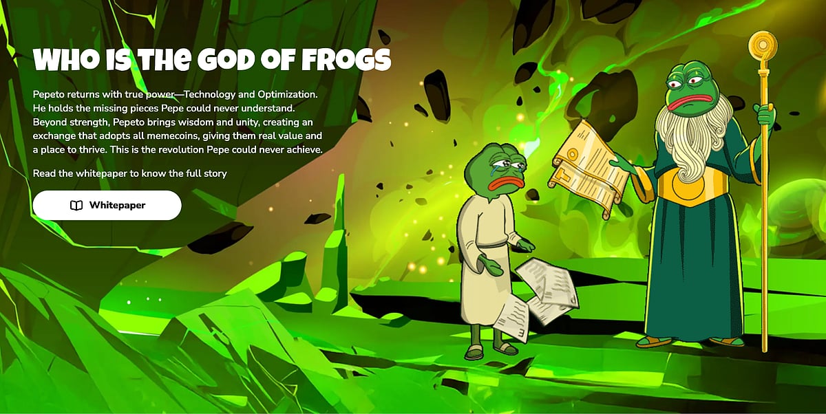 Cartoon frog characters in a green fantasy scene with text about the ‘God of Frogs.