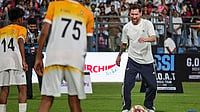 PTI : Argentine footballer Lionel Messi kicks a football during the GOAT India Tour 2025, at Wankhede Stadium, in Mumbai. 