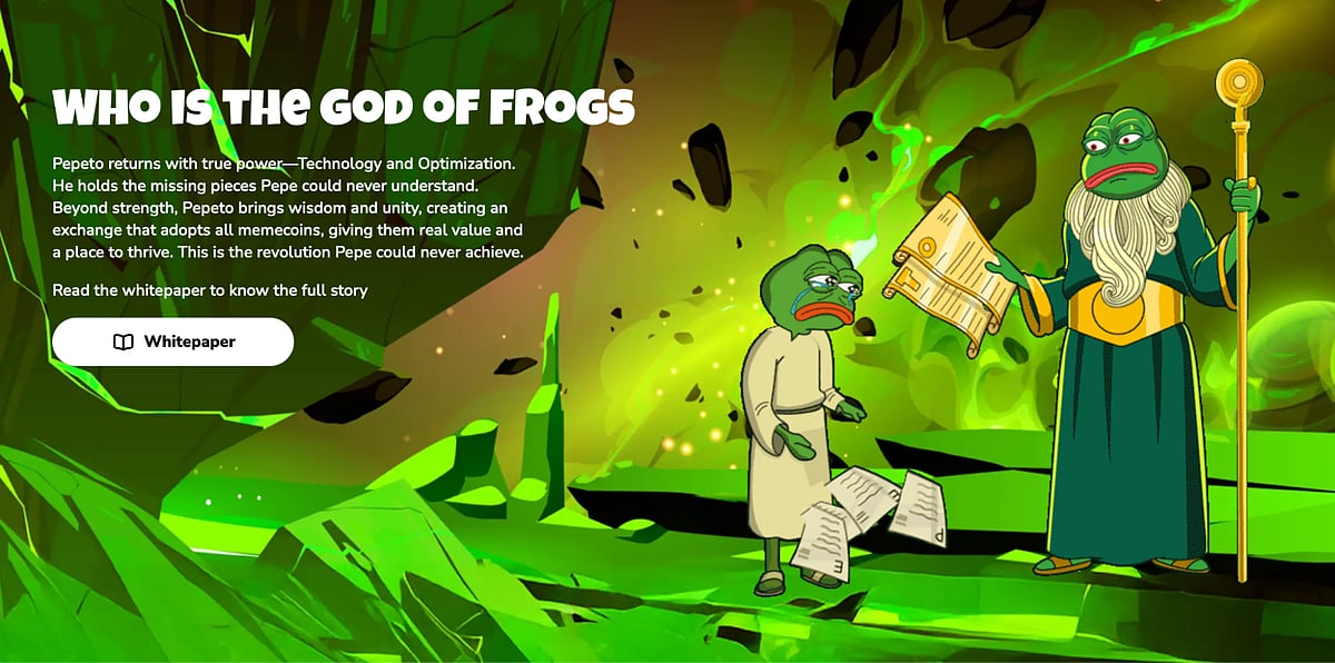 Cartoon image of two frogs, one robed and holding a scroll, under the title WHO IS THE GOD OF FROGS.