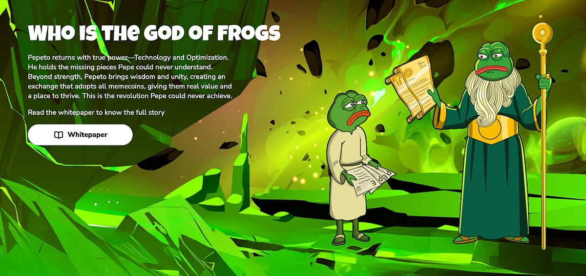 Cartoon frog characters in a green fantasy scene with text about the ‘God of Frogs.