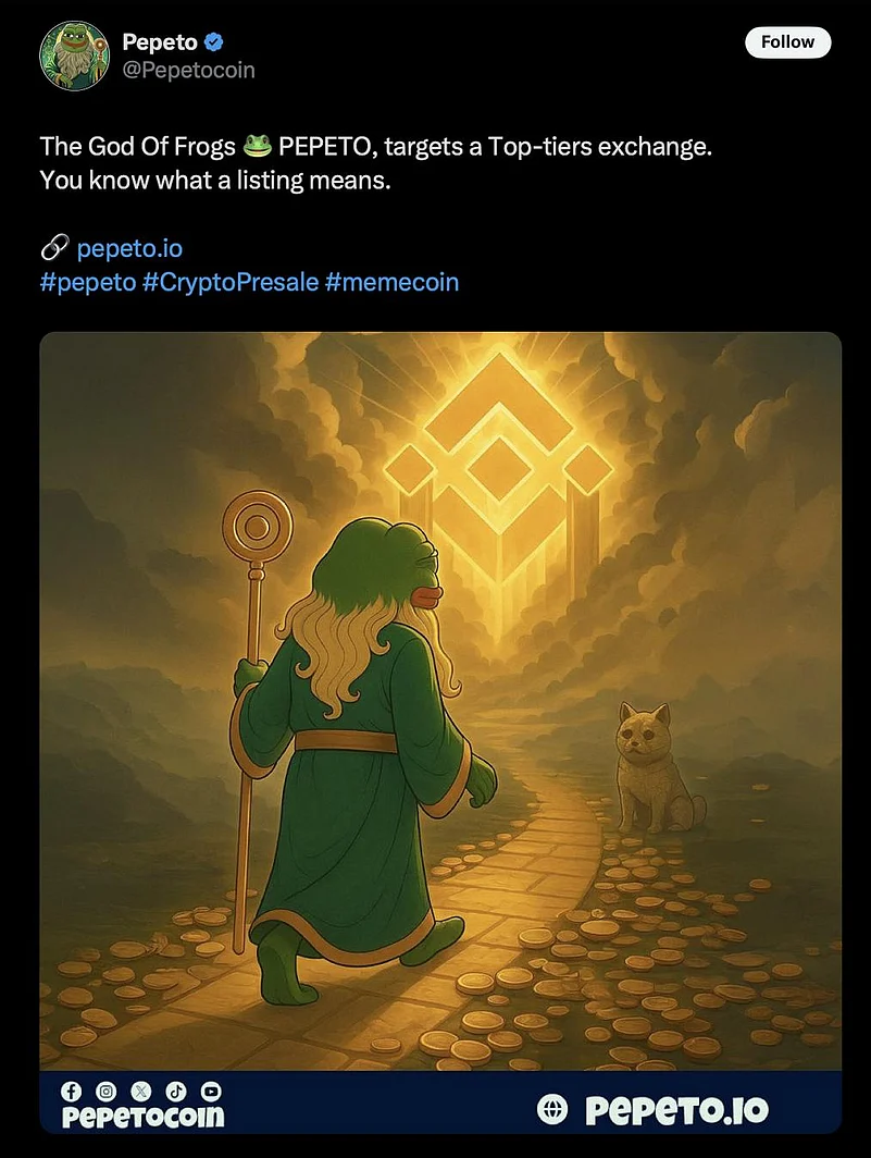 Pepe wizard walks golden path toward glowing Binance logo