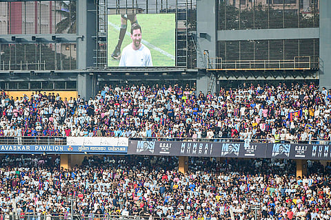 Fans gathered to see Argentine footballer Lionel Messi during the 'GOAT India Tour 2025', at Wankhede Stadium, in Mumbai.