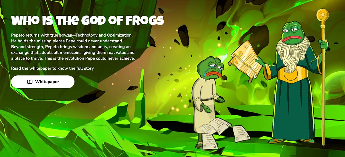 Cartoon image of two frogs, one robed and holding a scroll, under the title WHO IS THE GOD OF FROGS.