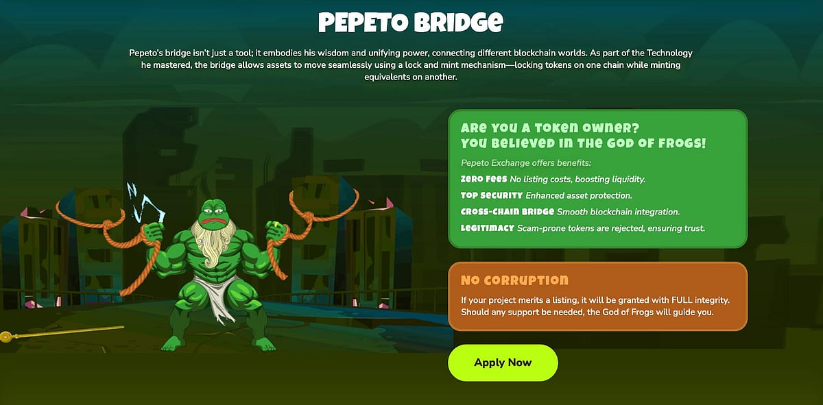 Pepeto Bridge crypto ad featuring a frog character