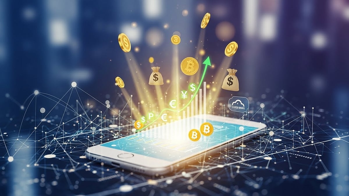 A smartphone displays a financial growth chart with currency symbols & gold coins