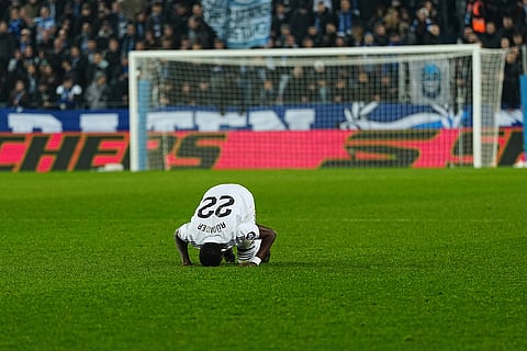 Real Madrid's Antonio Rudiger celebrates after the Spanish La Liga soccer match between Alaves and Real Madrid in Vitoria-Gasteiz, Spain.