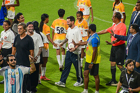 Argentine footballer Lionel Messi with young enthusiasts during the 'GOAT India Tour 2025', at Wankhede Stadium, in Mumbai.