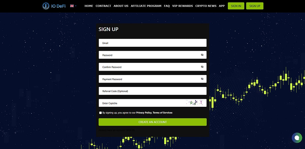 A sign-up form for a DeFi website
