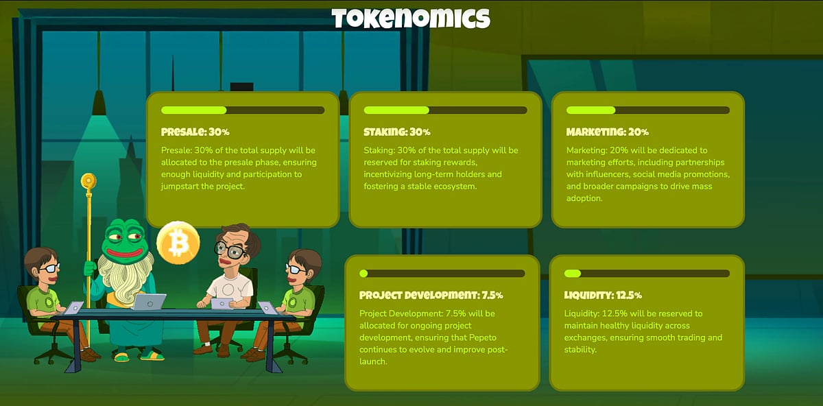 Cartoon of a wizard Pepe the Frog at a table with people, next to Tokenomics & finance data.