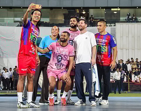 Argentine footballer Lionel Messi with Indian footballer Sunil Chhetri and others during the 'GOAT India Tour 2025', at Wankhede Stadium, in Mumbai.