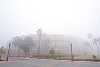 | Photo: PTI/Shahbaz Khan : A view of the Parliament House complex on a foggy winter morning, in New Delhi. 