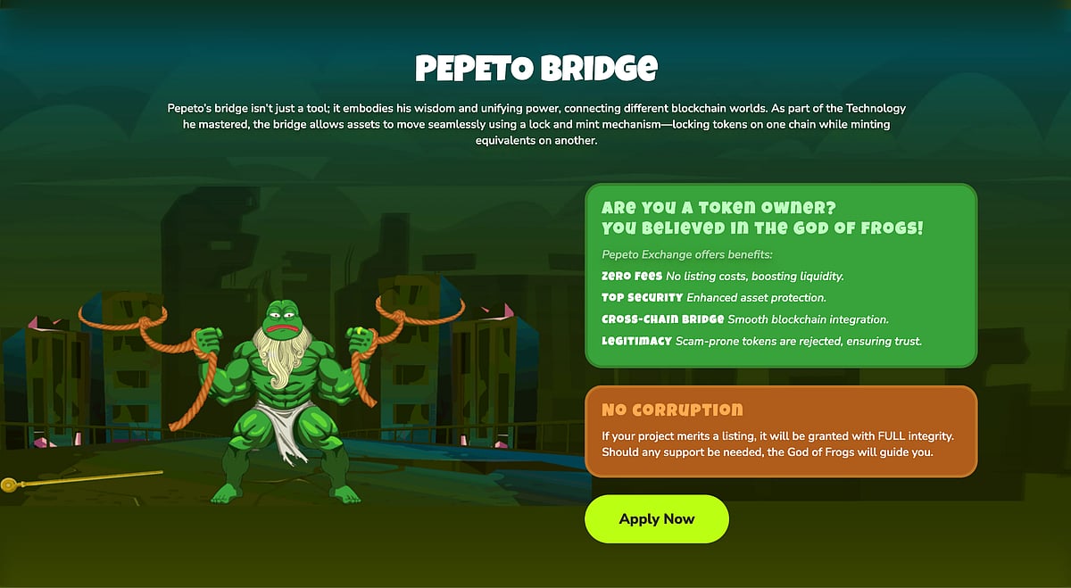 Pepeto Bridge crypto project screen with a muscular green frog character.