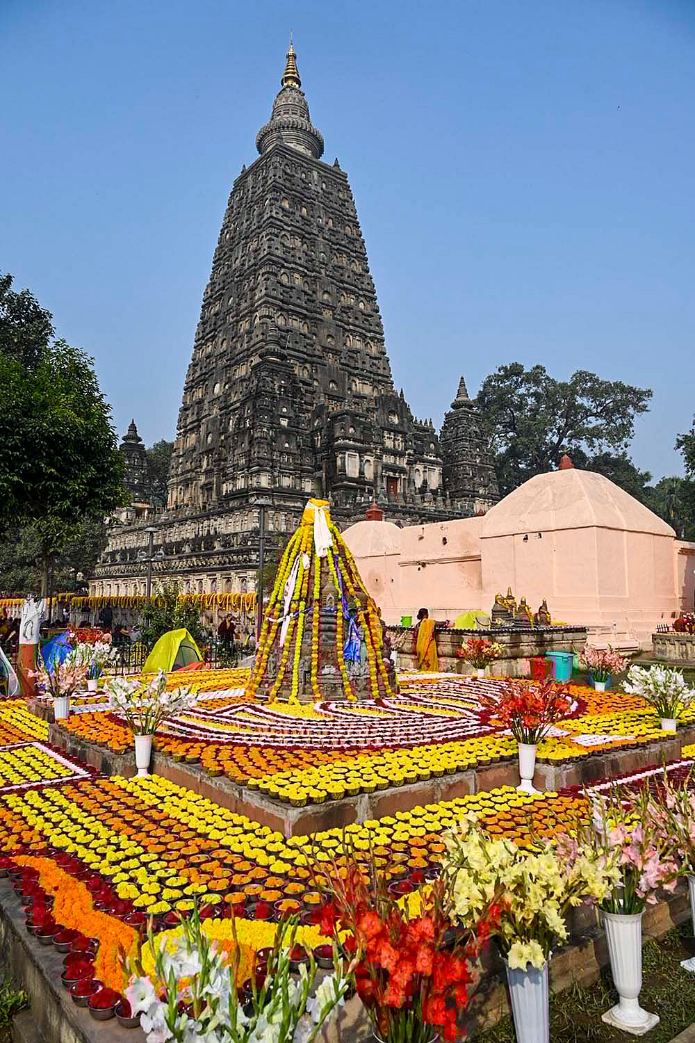 A view of the decorated Mahabodhi temple as part of a prayer event, in Bodh Gaya, Bihar.