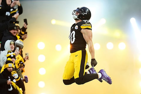 Pittsburgh Steelers linebacker T.J. Watt enters the field before an NFL football game against the Buffalo Bills, Nov. 30, 2025, in Pittsburgh. 