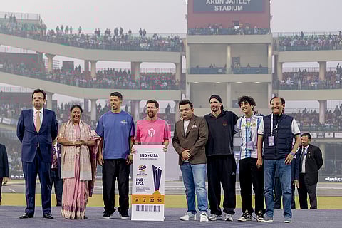 From left, President of the Delhi and District Cricket Association Rohan Jaitley, Delhi Chief Minister Rekha Gupta, Uruguayan footballer Luis Suarez, Argentine footballer Lionel Messi, ICC Chairman Jay Shah, Argentine footballer Rodrigo De Paul and others during an event as part of the 'GOAT India Tour 2025', at Arun Jaitley Stadium in New Delhi. 