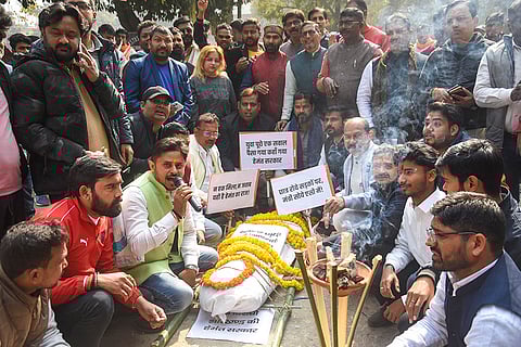 BJP Yuva Morcha workers take out a funeral procession and burn an effigy of Jharkhand Chief Minister Hemant Soren over the hike in matriculation and intermediate fees, in Ranchi, Jharkhand.