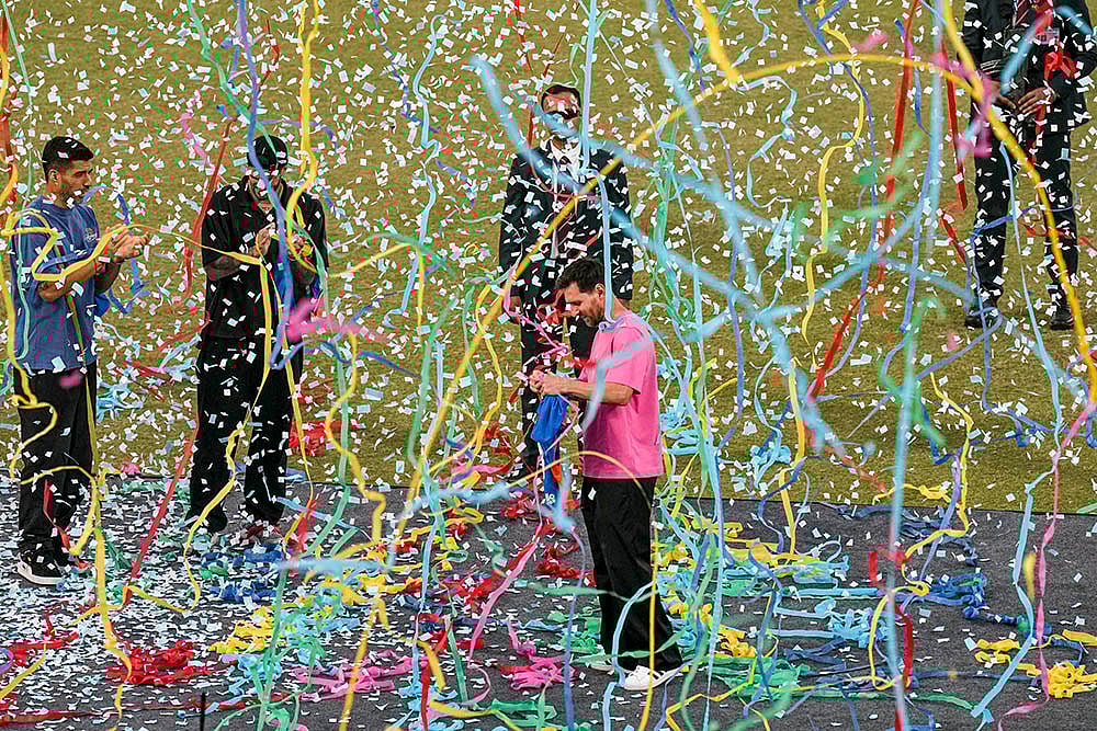 | Photo: PTI/Atul Yadav : Argentine footballer Lionel Messi during the 'GOAT India Tour 2025', at Arun Jaitley Stadium in New Delhi.
