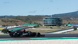 | Photo: AP/Armando Franca : Mercedes driver Lewis Hamilton of Britain steers his car during the second practice session prior to the Formula One Portuguese Grand Prix at the Algarve International Circuit in Portimao, Portugal, Friday, Oct. 23, 2020.