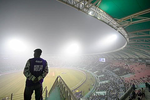 A view of Ekana Cricket Stadium shrouded in dense fog ahead of the fourth T20 International between India and South Africa, in Lucknow.
