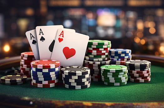 테이블 위에 여러 개의 다채로운 포커 칩 더미 뒤에 세 장의 에이스 트럼프 카드가 세워져 있습니다.