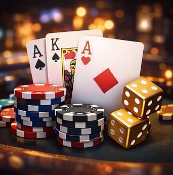 테이블 위에 놓인 포커 칩과 금색 주사위 뒤에 에이스와 킹 카드가 서 있는 모습