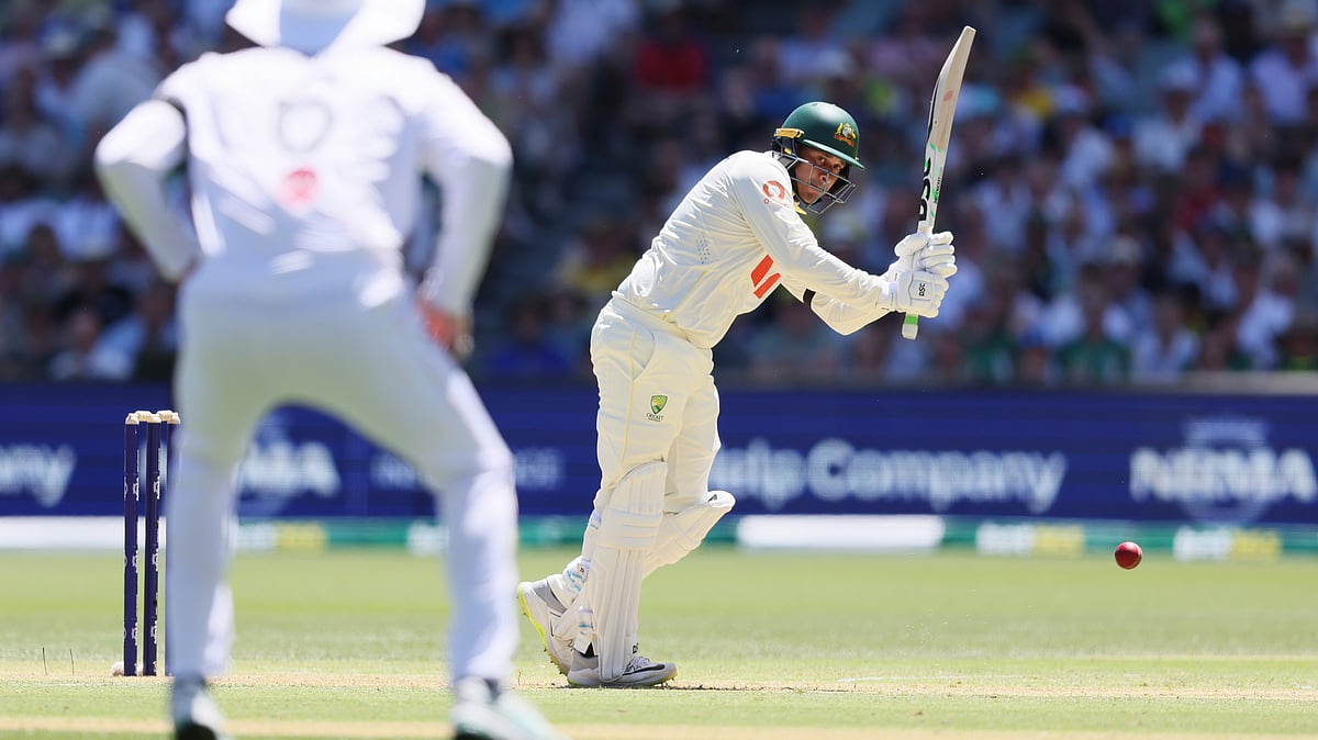 Australia's Usman Khawaja plays a shot during play on day one of the third Ashes Test  on December 17, 2025. - | Photo: AP/James Elsby