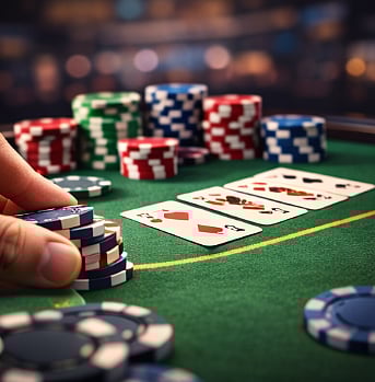 포커 테이블 위에서 여러 장의 카드가 펼쳐진 가운데, 손이 파란색 칩 더미를 움직이고 있습니다.