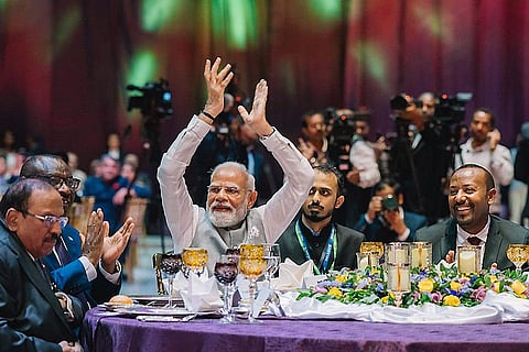 Prime Minister Narendra Modi with his Ethiopian counterpart Abiy Ahmed Ali and others during a ceremony hosted at the Addis International Convention Centre, in Addis Ababa. National Security Advisor (NSA) Ajit Doval is also seen. 